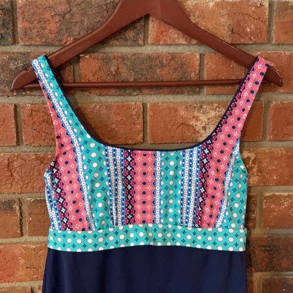 Lands’ End Navy Coral Mint Geometric Print Dresskini Swim Dress Top - Picture 2 of 7
